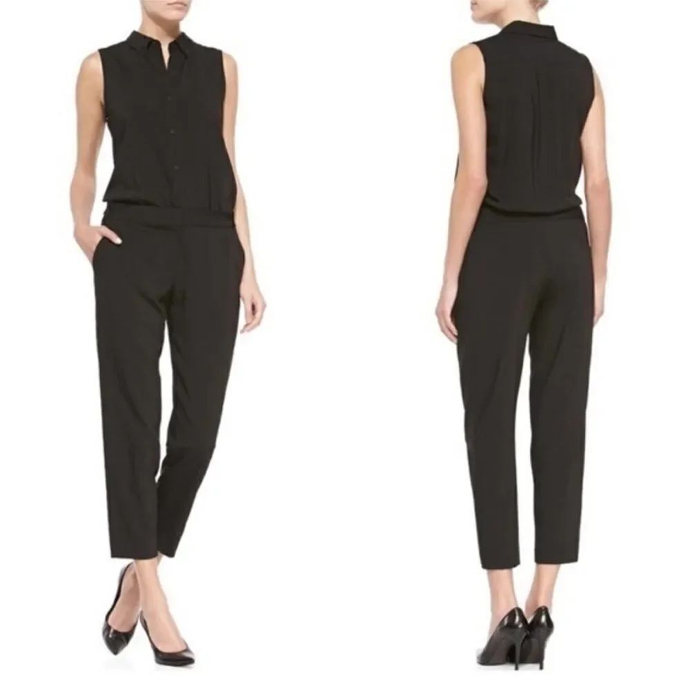 Theory Yariby Jumpsuit Black Sleeveless Pants Collared Button Down Pockets Sz 2